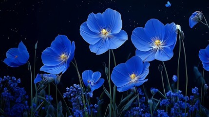 Vibrant Blue Flowers at Night: A Digital Painting AI Generated