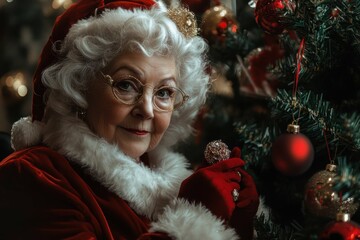Mrs. Claus with Red Velvet Dress Holding Christmas Gift Ring