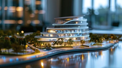 Striking modern architecture of a luxury high rise mixed use waterfront development with residential apartments and commercial office spaces set against an urban skyline