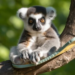 Fototapeta premium Playful Lemur Sitting On Tree Branch