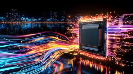 Futuristic digital microchip floating in a dynamic colorful digital space with bright flowing energy waves representing high speed data processing and the concept of advanced future technology