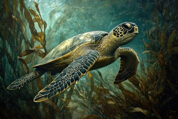 Fototapeta premium A majestic green sea turtle gracefully glides through a kelp forest, its shell shimmering in the underwater light.