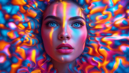 Fototapeta premium Portrait of a beautiful woman surrounded by swirls of vibrant, psychedelic colors.