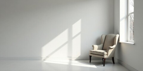 A serene room interior featuring a light beige upholstered wingback chair positioned in a sunlit corner next to a window, minimalist white walls and floor, offering a peaceful and calming atmosphere.