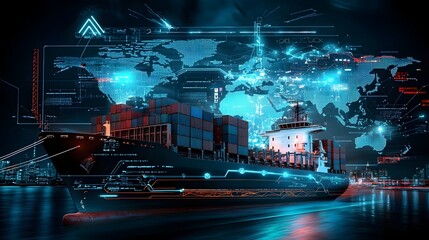 Futuristic global supply chain with massive cargo ship stacked containers freight trucks and airplanes in motion overlaid with a glowing digital world map and data streams