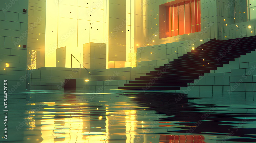 Aufkleber glowing water reflection on marble stairs in a modern architectural setting with warm light and ambi