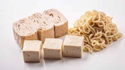 Detailed shot of Kuay Jap ingredients - noodles, tofu, pork slices - displayed on a seamless white surface. --chaos 20 --ar 16:9 --quality 2 --v 6.1 Job ID: e196bc4f-8d7a-46ee-a05d-1b539a8ce333