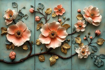 Fototapeta premium Ornate floral relief panels in pastel colors on a light blue background.
