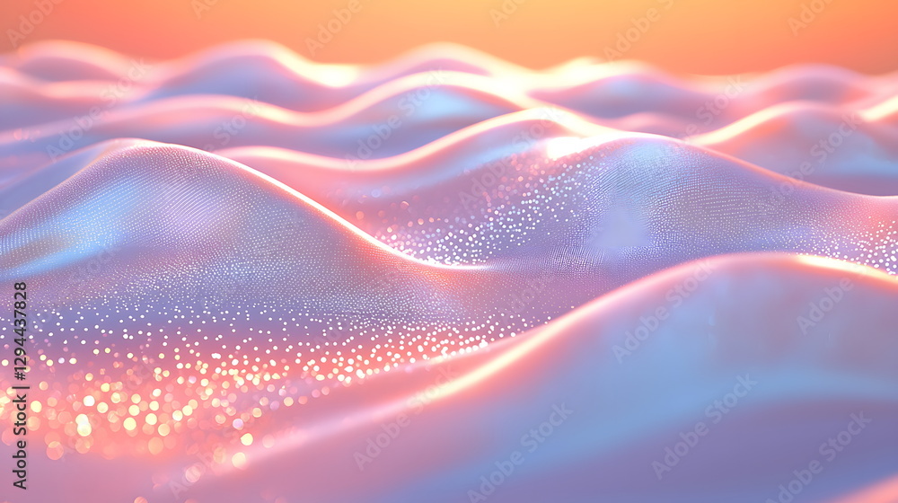 Poster soft waves of shimmering pastel colors illuminated by a warm sunset glow creating an ethereal landsc