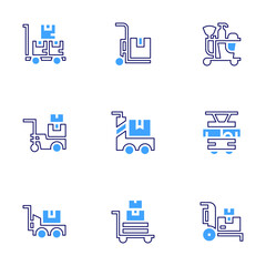 Trolley icon set. Bold line style. Duotone colors. Editable stroke. trolley, packages, cleaning tools, trolley bus