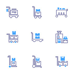 Trolley icon set. Bold line style. Duotone colors. Editable stroke. trolley, luggage, serving cart, delivery cart