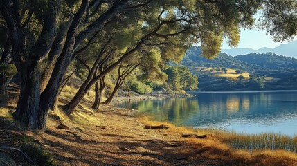 Fototapeta premium Nacimiento Lake: A Serene Haven Nestled Among Woods and Mountains