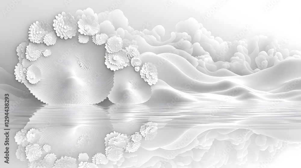 Poster white abstract landscape with soft flowing forms and intricate floral elements reflecting on calm wa