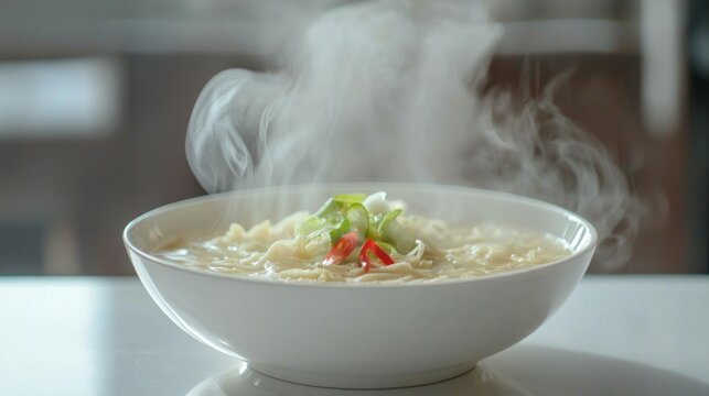 Focused shot of a steaming bowl of Kuay Jap soup with a rich, clear broth, resting on a pristine white surface. --chaos 20 --ar 16:9 --quality 2 --v 6.1 Job ID: 0d1112eb-6a7e-4b1d-8855-dd9fce6c234c