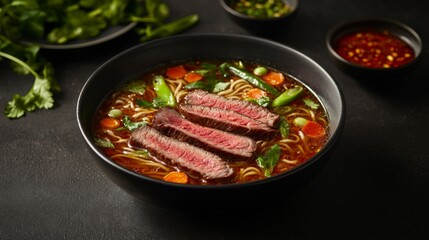 High-angle view of beef noodle soup with vibrant vegetables, beef slices, and broth, no background --chaos 20 --ar 16:9 --quality 2 --v 6.1 Job ID: 665f7990-92ef-4566-a2ac-b5fc24f4e880
