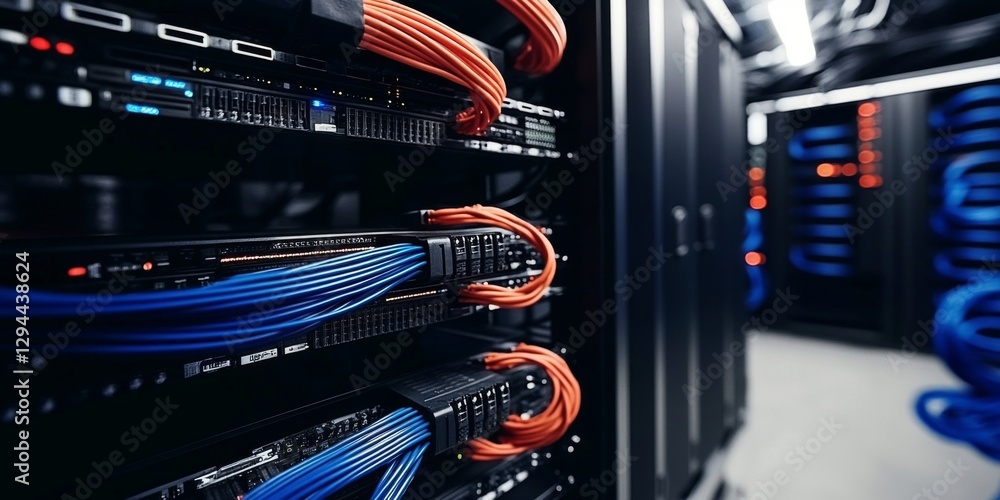Poster closeup view of a networking cable in a server rack.