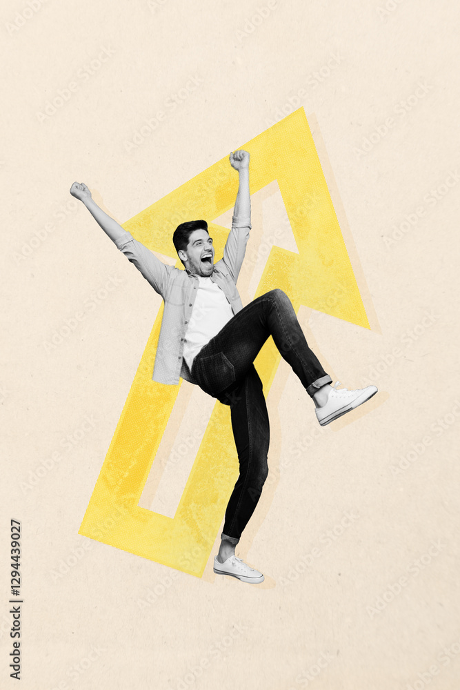 Poster vertical image sketch photo collage of happy businessman stand arrow development pointer statistics 