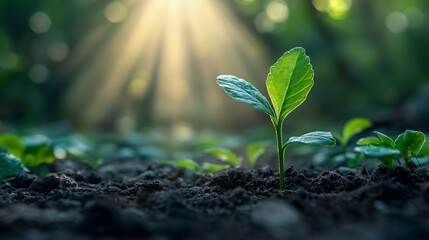 A young green plant emerges from dark soil, illuminated by soft, golden sunlight.