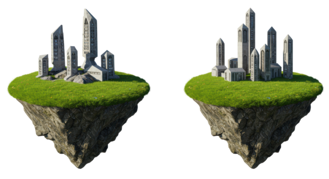 Isolated Floating Islands with Medieval Buildings 3D Render