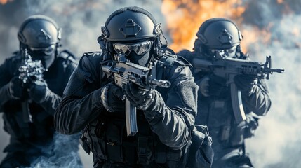 Armed soldiers prepare for combat ready to face danger.