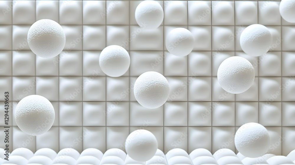 Poster floating white spheres against a textured white grid background creating a minima aesthetic in moder