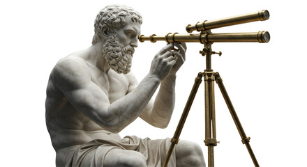 Isolated Statue of Ancient Astronomer Looking Through Telescope