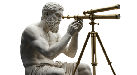 Isolated Statue of Ancient Astronomer Looking Through Telescope