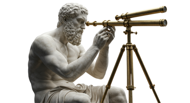Isolated Statue of Ancient Astronomer Looking Through Telescope