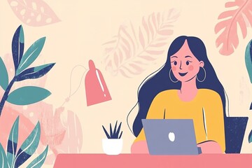 Woman working on laptop at her desk in floral home office with lamp and plant