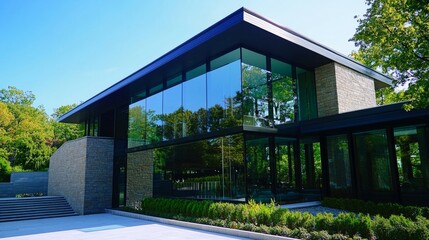 Fototapeta premium Modern Architectural Design with Large Windows and Green Surroundings