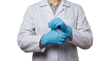 Isolated Doctor Putting on Blue Surgical Gloves, Midsection View