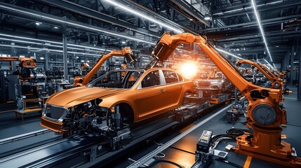 Fototapeta premium Intelligent robotic systems seamlessly assembling vehicles in a state of the art factory showcasing synchronized motion precision engineering