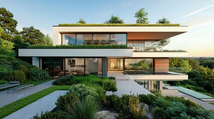 Fototapeta premium Modern Eco-Friendly House Surrounded by Lush Green Landscaping