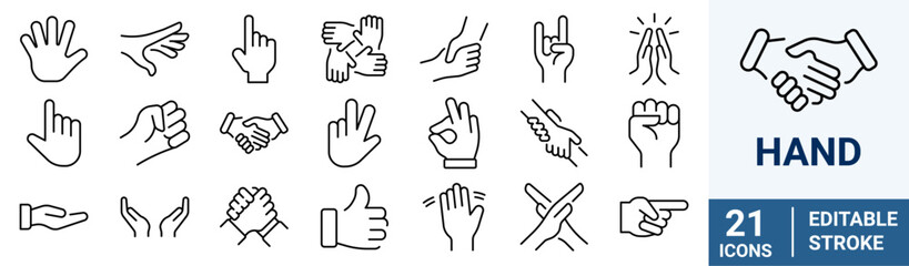 Set of 21 outline icons related to hands. Linear icon collection. Editable stroke. Vector illustration