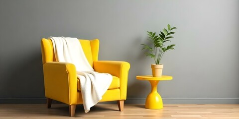Yellow armchair with a white blanket , a plant on a yellow table , gray wall and wooden floor in a living room