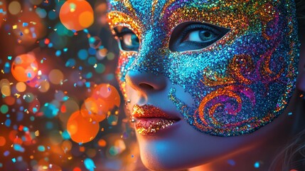 Joyful woman in colorful mask amidst neon confetti glow