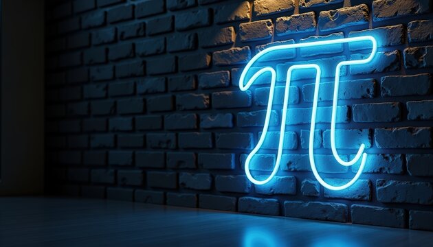 Glowing neon blue Pi symbol sign on a dark black brick wall, soft ambient lighting emphasizing futuristic aesthetic. Pi Day march 14 annual celebration. Copy space