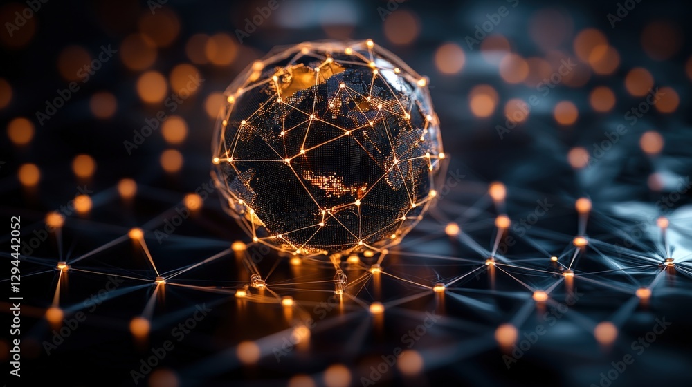 Poster network of connected lines and dots representing global communication technology and internet connec