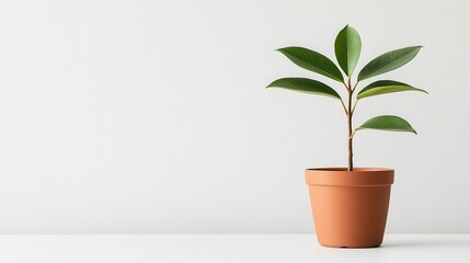 Fototapeta premium A small green plant in a terracotta pot against a minimalistic white background, adding a touch of nature to the decor.