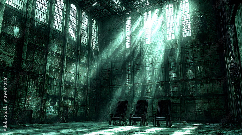 Poster abandoned industrial building with sunlight streaming through large windows illuminating empty chair