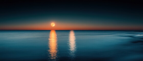 Ethereal full moon rising over tranquil ocean horizon casting golden reflection on serene water surface at twilight hour seascape