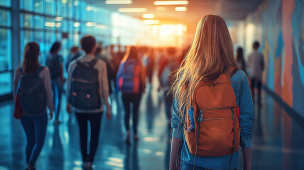 Teenage students in a high school hallway, out of focus, with school lockers and classroom doors visible