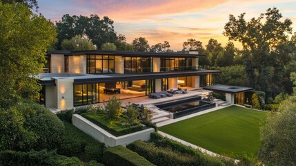 Modern Luxury Home Surrounded by Lush Greenery at Sunset