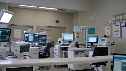 Modern medical control room features multiple computer monitors displaying patient data for critical care monitoring in a hospital.