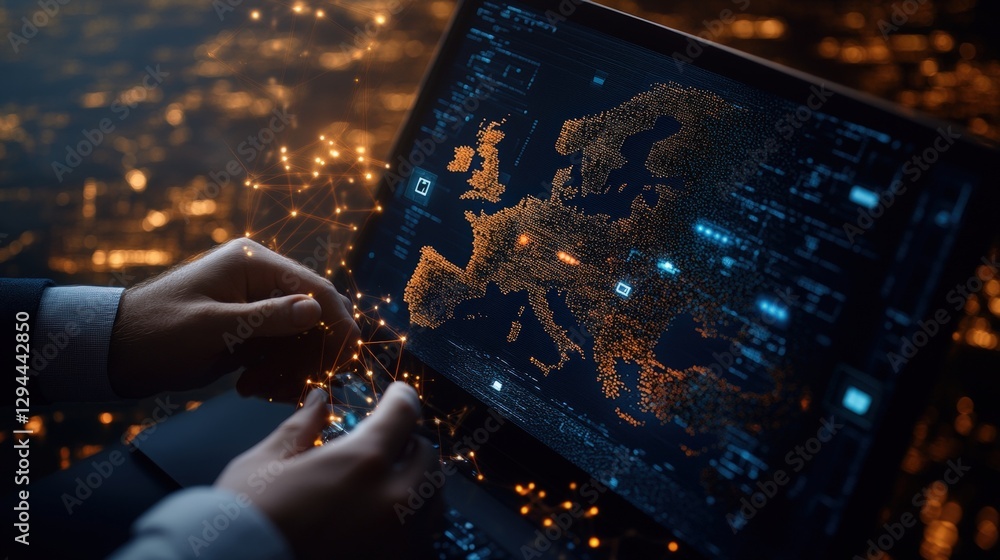 Poster person using laptop with map displaying global communication technology and internet network connect