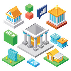 "Bank Building 3D Isometric Icons Set"