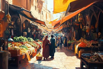 Obraz premium Vibrant market scene with vendors and shoppers in a traditional Middle Eastern setting