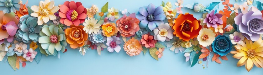 Brightly colored paper flowers are beautifully arranged on a vibrant blue background, creating a cheerful and lively atmosphere.