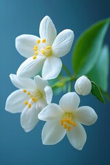 White flowers with yellow stamens on a blue background, close-up, delicate floral photography