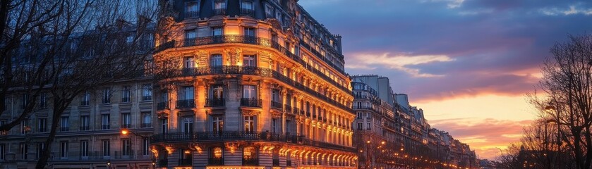 "Buildings lining a quiet street at dusk, warmly lit."